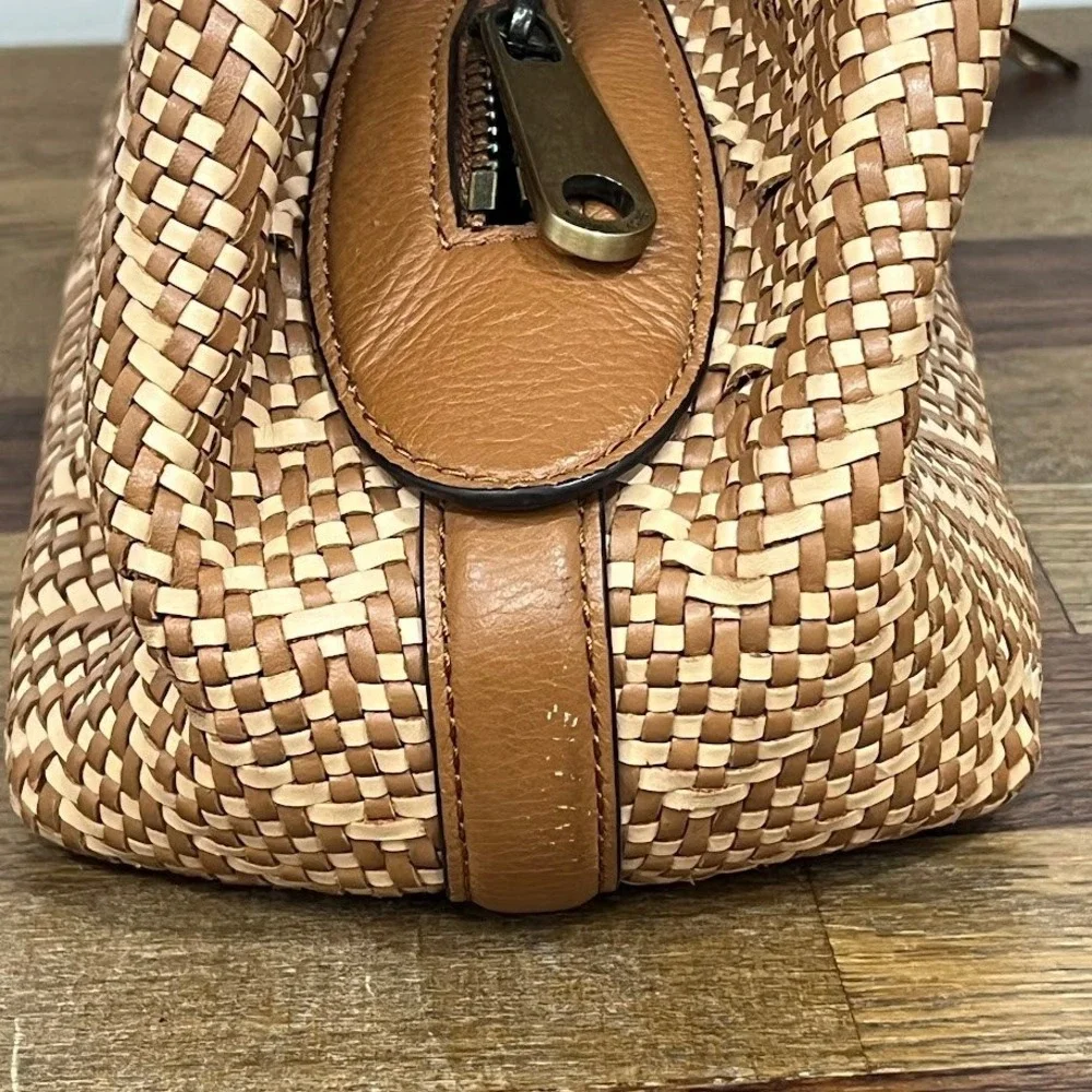 Michael Kors Brooklyn Woven Chevron Leather Shoulder Bag Tan Brown Tassel Hobo